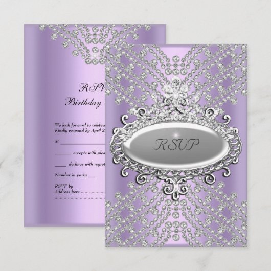 RSVP Response Party Lila Paarse Witte Diamant Kaartje (Voorkant / Achterkant)