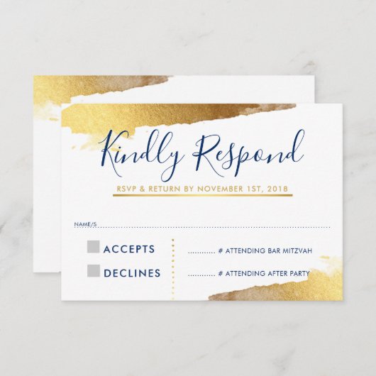 RSVP RESPONSE RESPONSE KAART verguld goud marinebl (Voorkant / Achterkant)