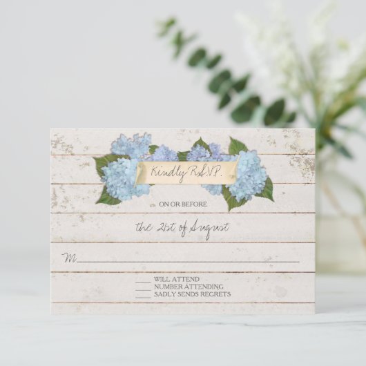 RSVP-responsschip Houden Board Blue Hydrangea RSVP Kaartje (Staand voorkant)