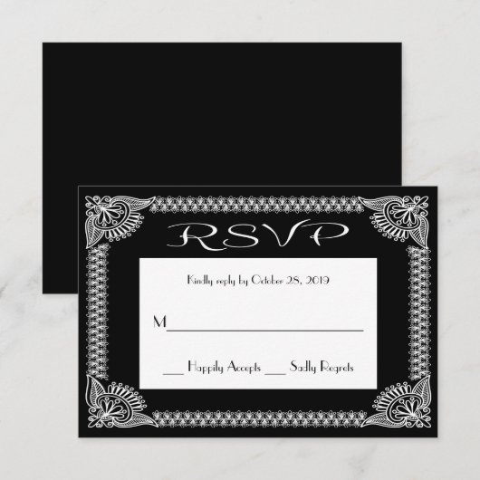 RSVP Retro RSVP Black en White Floral Response Kaartje (Voorkant / Achterkant)
