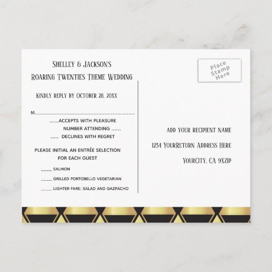 RSVP Roaring Twenties Art Deco Uitnodiging Briefkaart (Achterkant)