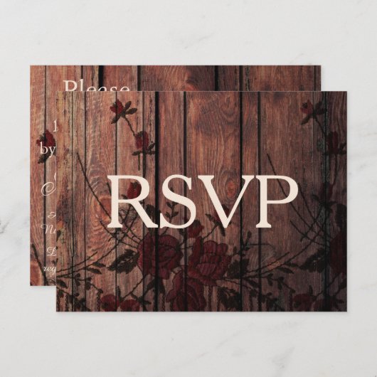 RSVP Rode Bloemen Faux Kant en Hout Uitnodiging Briefkaart (Voorkant / Achterkant)