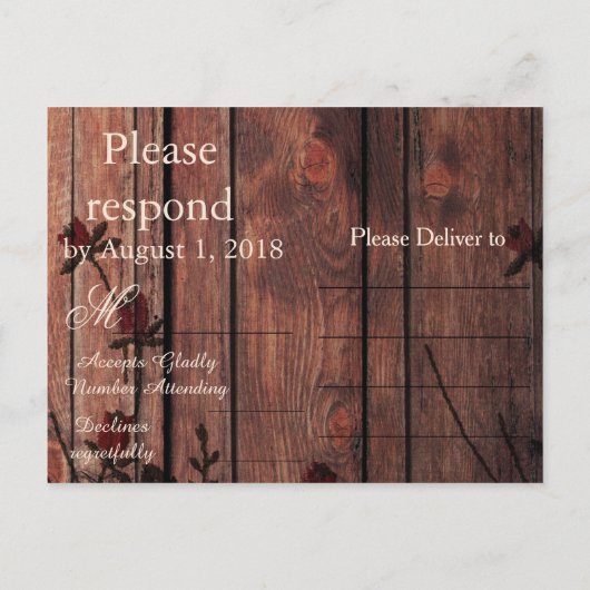 RSVP Rode Bloemen Faux Kant en Hout Uitnodiging Briefkaart (Achterkant)