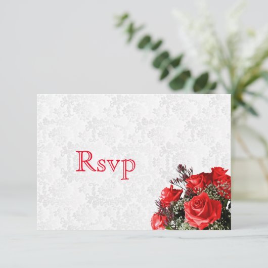 RSVP Rode Rose Bloemen Bruiloft Kaartje (Staand voorkant)