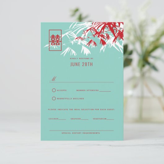 RSVP Rood en Turquoise Bamboo laat Chinees huwelij (Staand voorkant)