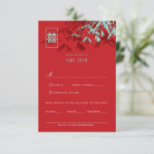 RSVP Rood en Turquoise Bamboo laat Chinees huwelij (Staand voorkant)