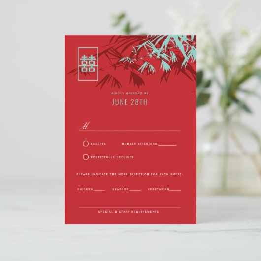 RSVP Rood en Turquoise Bamboo laat Chinees huwelij (Staand voorkant)