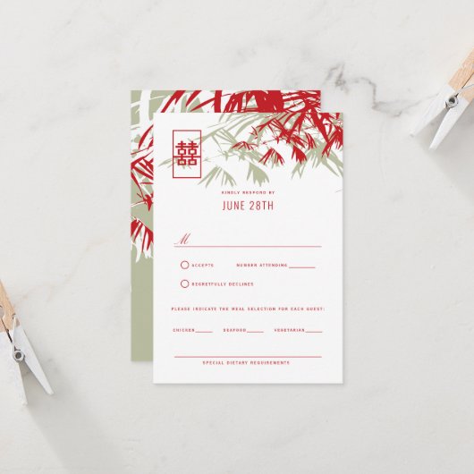 RSVP Rood & Moss Grey Bamboo laat Chinees huwelijk Kaart (Voorkant / Achterkant in situ)