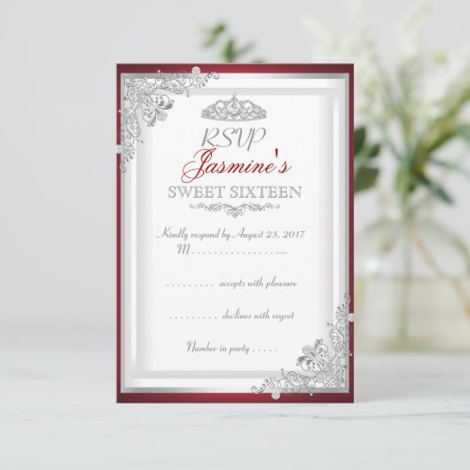 RSVP Rood Zilver Damask Tiara Sweet 16 (Staand voorkant)