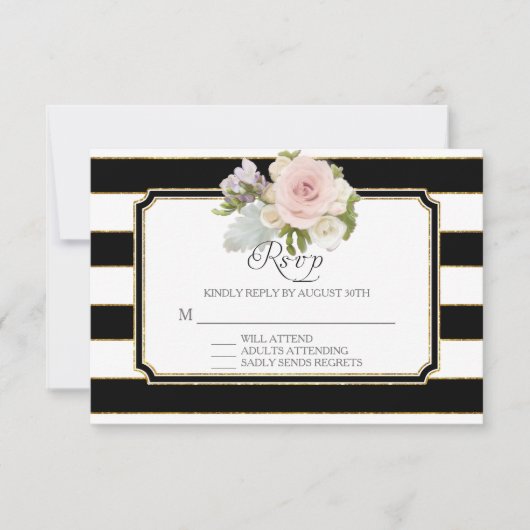 RSVP Roos Floral Modern Elegant Black Stripe Kaartje (Voorkant)