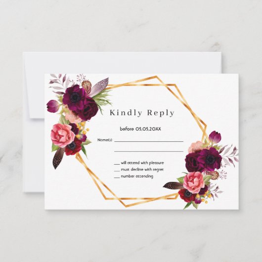 RSVP rose gold birthday flowers burgundy white (Voorkant)