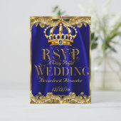 RSVP Royal Blue Navy Wedding Gold Crown 3 Kaartje (Staand voorkant)
