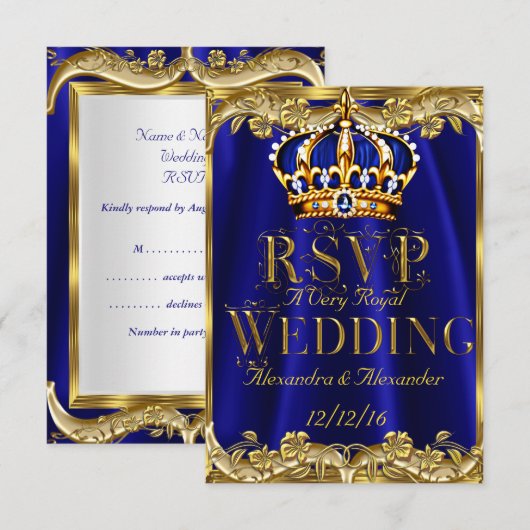 RSVP Royal Blue Navy Wedding Gold Crown 3 Kaartje (Voorkant / Achterkant)