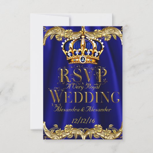RSVP Royal Blue Navy Wedding Gold Crown Kaartje (Voorkant)