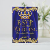 RSVP Royal Blue Navy Wedding Gold Crown Kaartje (Staand voorkant)