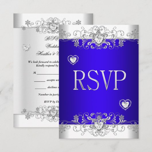 RSVP Royal Blue Wedding White Diamond Hearts (Voorkant / Achterkant)