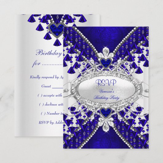 RSVP Royal Blue White Heart Diamond Kaartje (Voorkant / Achterkant)
