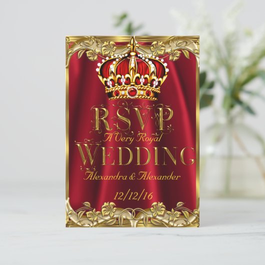 RSVP Royal Red Wedding Gold Crown Kaartje (Staand voorkant)