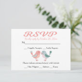 RSVP Roze & Blauwe Lovebirds Wedding Party Kaartje (Staand voorkant)