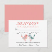 RSVP Roze & Blauwe Lovebirds Wedding Party Kaartje (Voorkant / Achterkant)