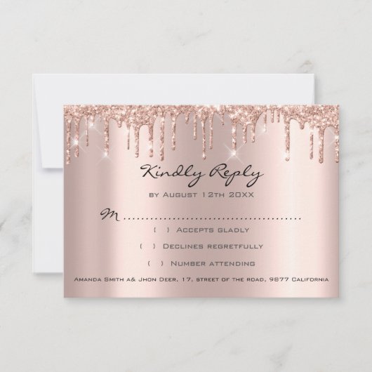 RSVP Roze Drips Glitter Bruidsmeisjes Bruiloft Kaartje (Voorkant)