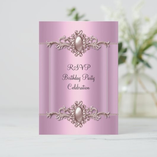 RSVP Roze Elegante Verjaardag Parel Kaartje (Staand voorkant)