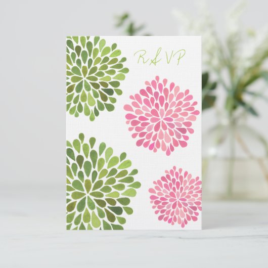 RSVP Roze en Groene Floral Blooms Weddenskaart (Staand voorkant)