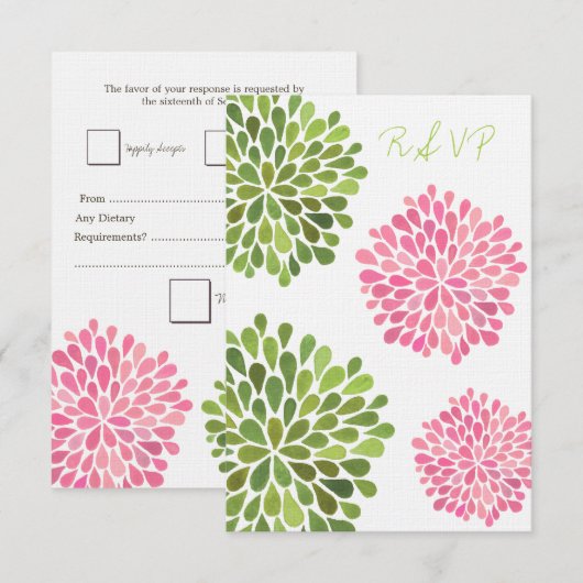 RSVP Roze en Groene Floral Blooms Weddenskaart (Voorkant / Achterkant)