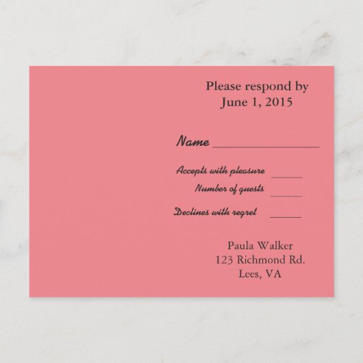 RSVP  Roze en Zwart Uitnodiging Briefkaart (Achterkant)