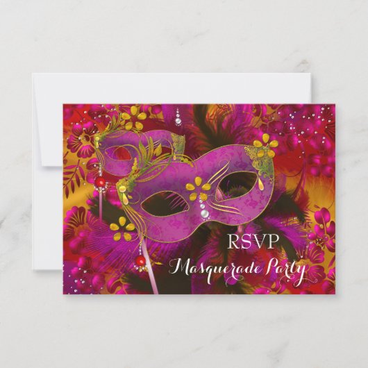 RSVP Roze Goud Bloemmasker Maskerade Party Kaartje (Voorkant)