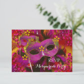 RSVP Roze Goud Bloemmasker Maskerade Party Kaartje (Staand voorkant)