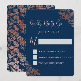 RSVP - Roze Goud Roze en Marineblauw Bloemmotief Kaart