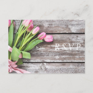 RSVP-roze tulpen en hout RSVP Kaartje