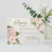 RSVP Rozen Roze hydrangea Lace Wooden Floral Kaartje (Staand voorkant)