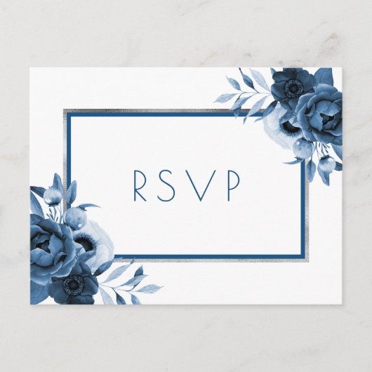 RSVP: RSVP: klassieke blauwe floralen zilverwit Uitnodiging Briefkaart (Voorkant)