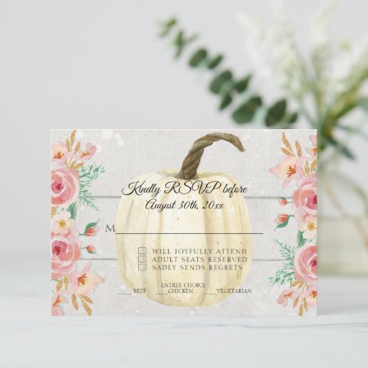 RSVP Rustic Blush Pink Floral White Pumpkin Wooden Kaart (Staand voorkant)