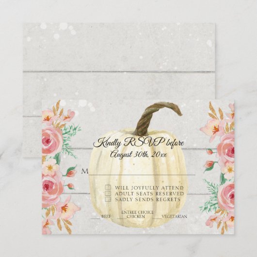 RSVP Rustic Blush Pink Floral White Pumpkin Wooden Kaart (Voorkant / Achterkant)