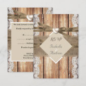 RSVP Rustic Bruiloft Bruin Witte Kant Hout Jute Kaartje (Voorkant / Achterkant)
