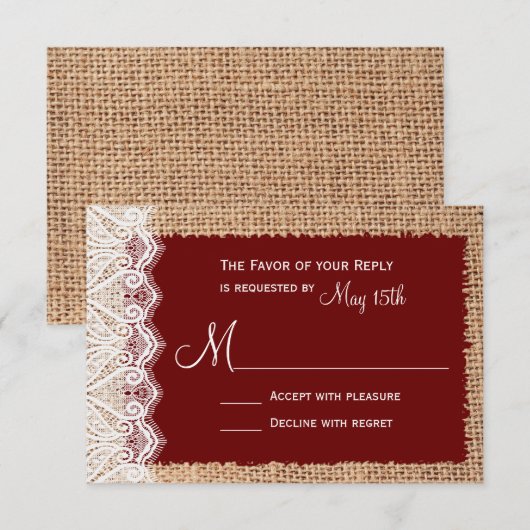 RSVP Rustic Country Burlap Lace Red Wedding (Voorkant / Achterkant)