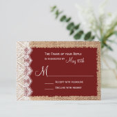 RSVP Rustic Country Burlap Lace Red Wedding Kaartje (Staand voorkant)