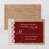 RSVP Rustic Country Burlap Lace Red Wedding Kaartje (Voorkant / Achterkant)