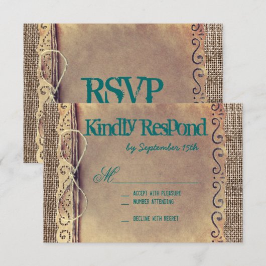 RSVP Rustic Country Paper Blauwgroen Wedding (Voorkant / Achterkant)
