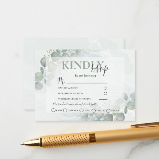 RSVP Rustic Eucalyptus Sage Green Wedding Informatiekaartje (Voorkant / Achterkant in situ)