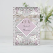 RSVP Rustic Hout Bloem Bruiloft Witte Kant Roze Kaartje (Staand voorkant)