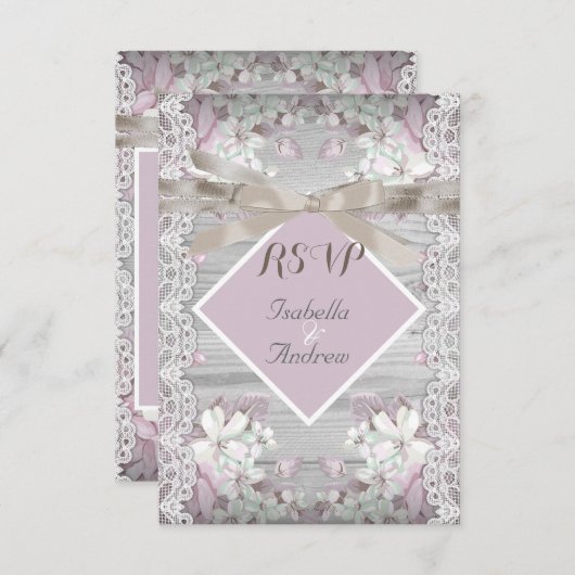 RSVP Rustic Houten Bloem Bruiloft Witte Kant Roze (Voorkant / Achterkant)