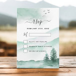 RSVP Rustic Mountains Forest Waterverf Modern Kaart<br><div class="desc">De Rustic Mountain Forest Waterverf Spring Wedding RSVP Uitnodigingen op witte achtergrond - omvat prachtige en elegante scripttypografie met moderne groene bergen,  vogels,  pijnbomen en groen voor de speciale viering van de dag van de bruiloft.</div>