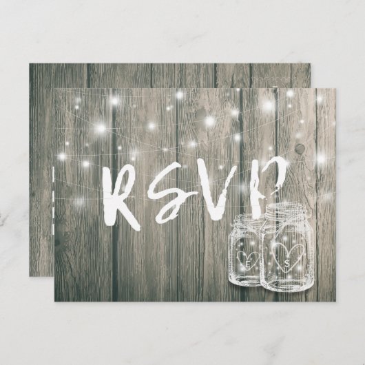 RSVP Rustic Wood en Mason Jar String Lights Uitnodiging Briefkaart (Voorkant / Achterkant)