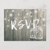 RSVP Rustic Wood en Mason Jar String Lights Uitnodiging Briefkaart (Voorkant)