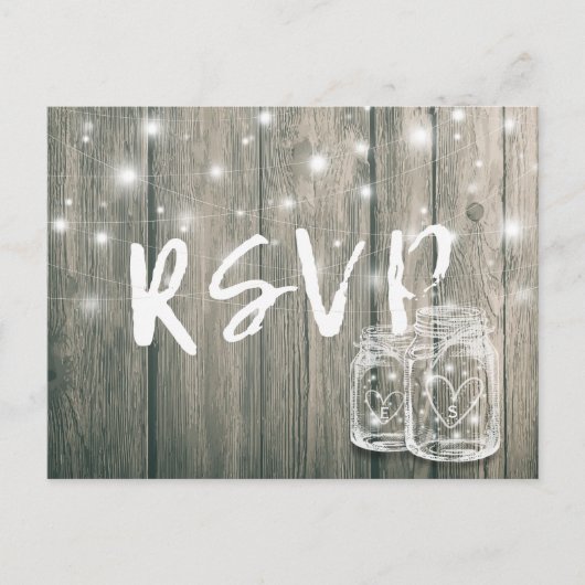 RSVP Rustic Wood en Mason Jar String Lights Uitnodiging Briefkaart (Voorkant)