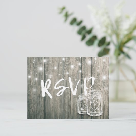 RSVP Rustic Wood en Mason Jar String Lights Uitnodiging Briefkaart (Staand voorkant)